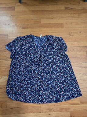Anyally Women’s 2XL Blue Floral V-Neck Short Sleeve Pullover Top